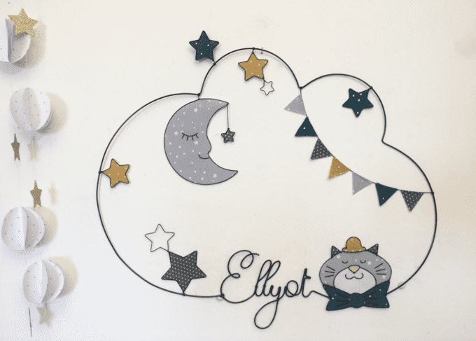 Prénom Fil chat, lune étoiles, fanions